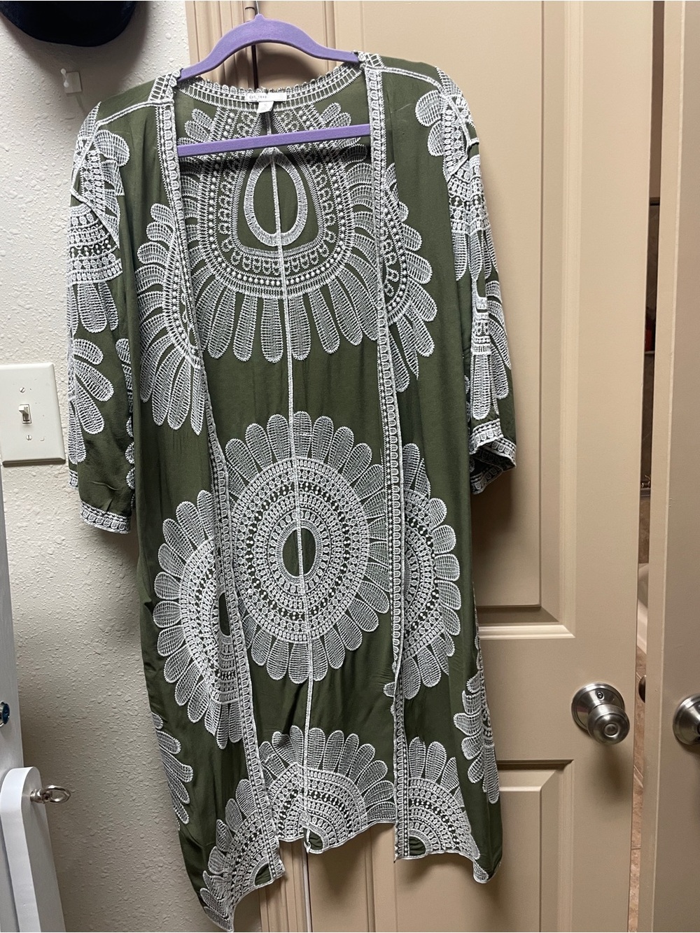 Olive Green Overlay Kimono with White Lace Medallion Pattern